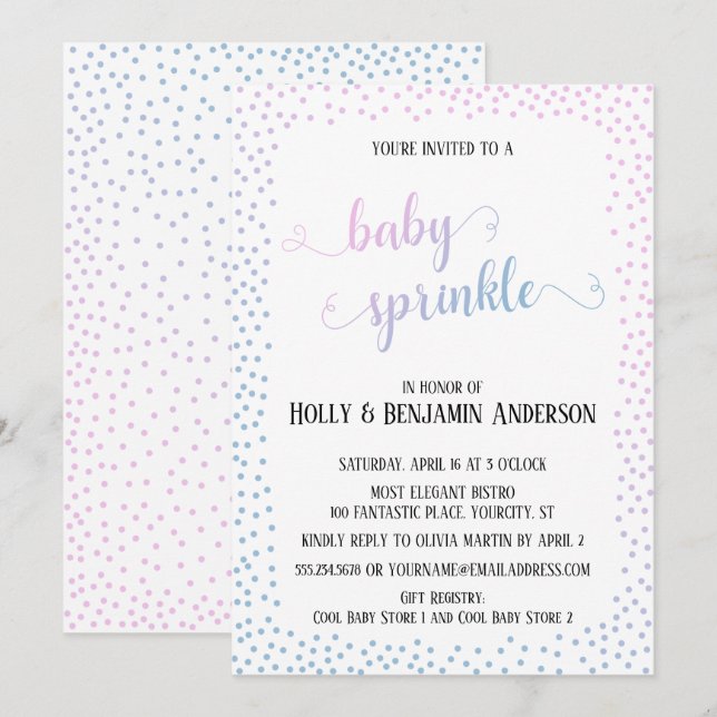 Pink Blue Confetti Typography Baby Sprinkle Invitation (Front/Back)