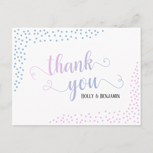 Pink Blue Confetti Typography Baby Thank You Postcard (Front)