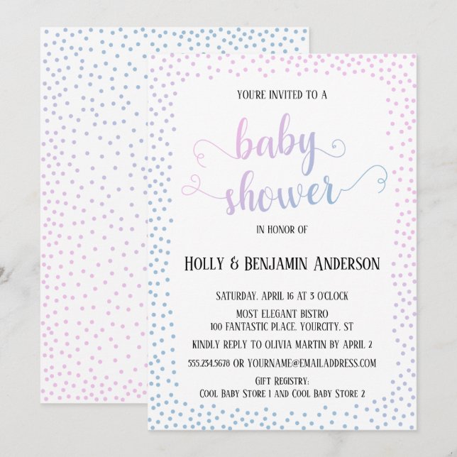 Pink Blue Confetti TypographyBaby Shower Invitation (Front/Back)
