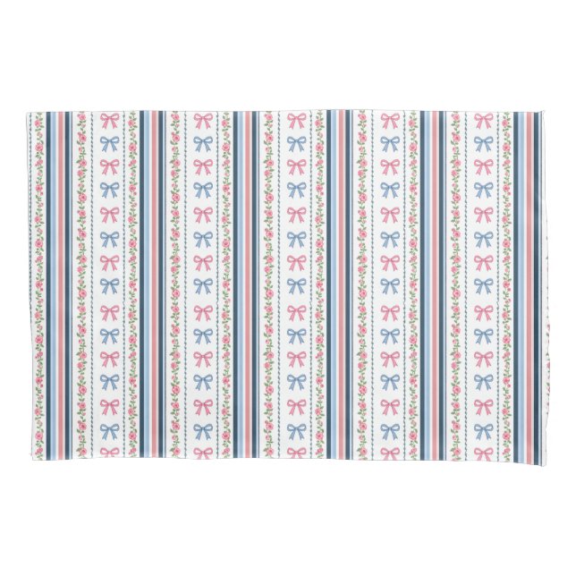 Pink Blue coquette bow Florals Stripes Trendy Girl Pillow Case (Front)
