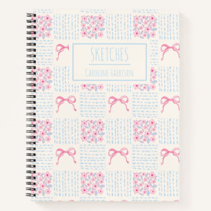 Pink Blue Coquette Bows Flowers Personalized Name Notebook