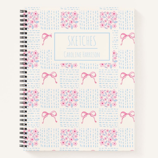 Pink Blue Coquette Bows Flowers Personalized Name Notebook (Front)
