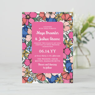 Pink Blue Coral Flowers Spring Summer Wedding Invitation