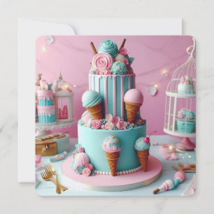 PINK & BLUE CREAM THEMED KIDS BIRTHDAY CAKE CARD