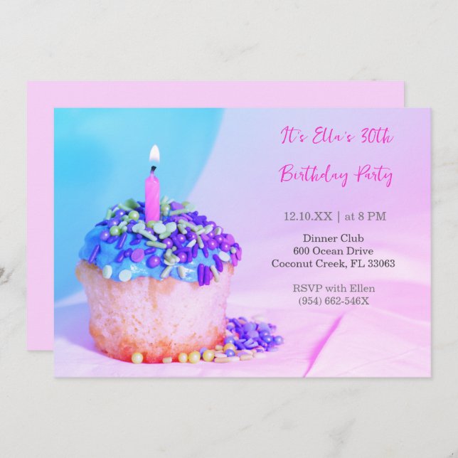 Pink Blue Cupcake Colorful 30th birthday  Invitation (Front/Back)