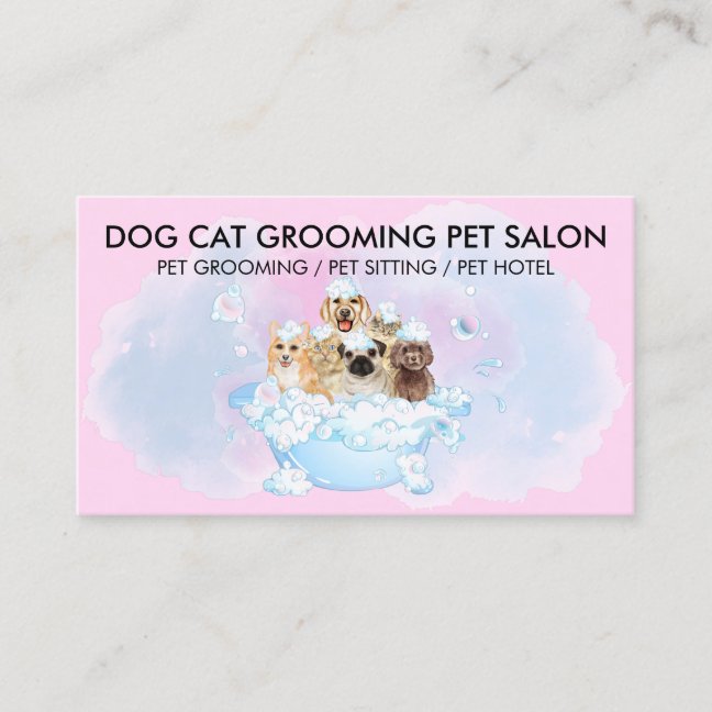 Pink Blue Cute Pet Groomer Cat Dog Business Card