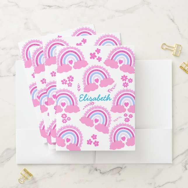 Pink Blue Cute Rainbow Flowers Custom Name Pocket Folder (In Situ)