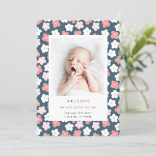 Pink Blue Daisy Flower Cute Simple Birth Announcement