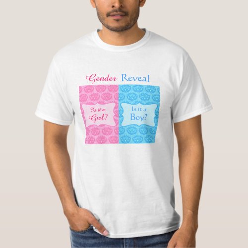 Pink Blue Damask Baby Gender Reveal Party Mans T_Shirt