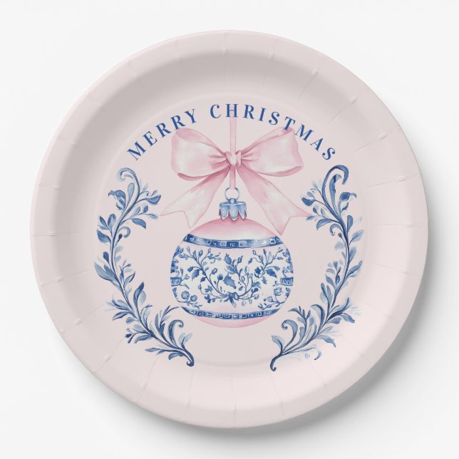 Pink & Blue Damask Crest Christmas Ornament Paper Plates (Front)