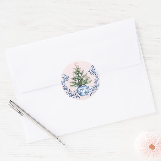 Pink & Blue Damask Crest Christmas Tree Classic Round Sticker (Envelope)
