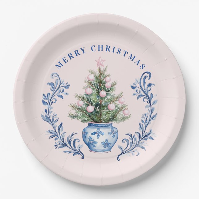 Pink & Blue Damask Crest Christmas Tree Paper Plates (Front)
