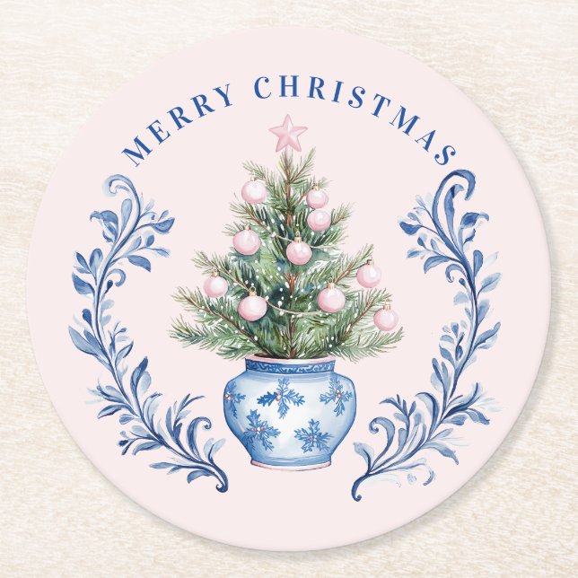 Pink & Blue Damask Crest Christmas Tree Round Paper Coaster (Front)