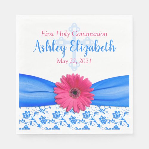 Pink Blue Damask Daisy First Communion Paper Plate Napkins