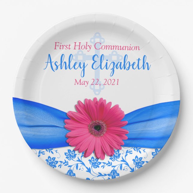 Pink Blue Damask Daisy First Communion Paper Plates (Front)