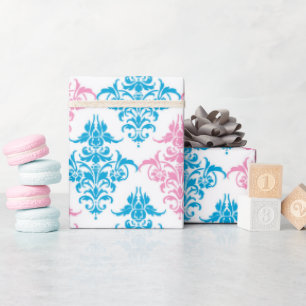 Pink blue damask gender reveal wrap wrapping paper