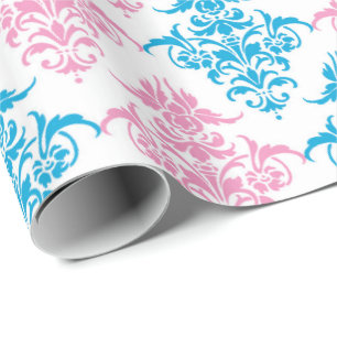 Pink blue damask gender reveal wrap wrapping paper