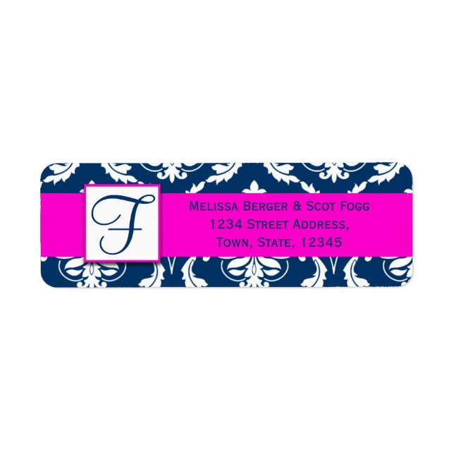 Pink Blue Damask Wedding Return Address Label (Front)