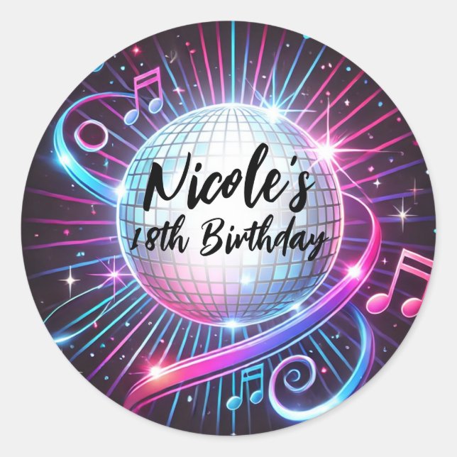 Pink & Blue Disco Ball Music Dace Birthday Party Classic Round Sticker (Front)