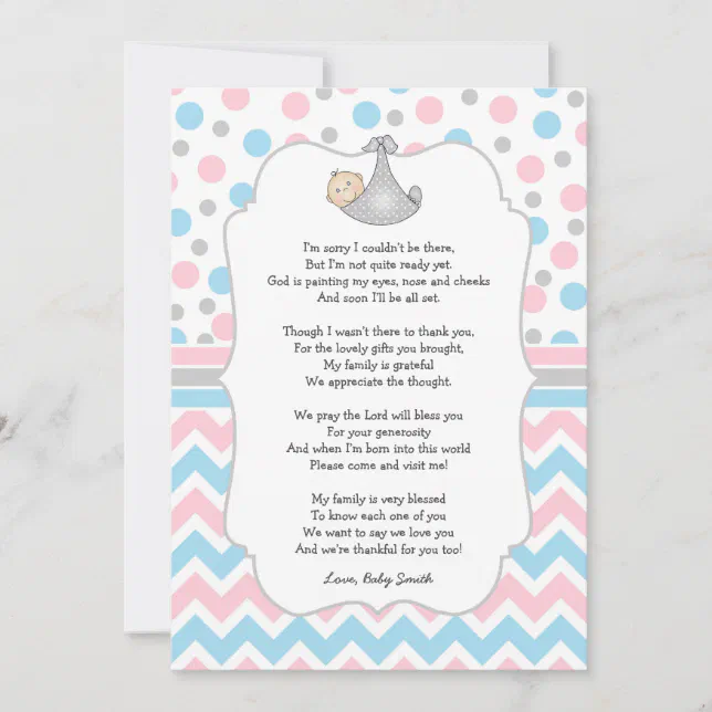Pink Blue Dot Baby Shower Thank You notes w/poem | Zazzle