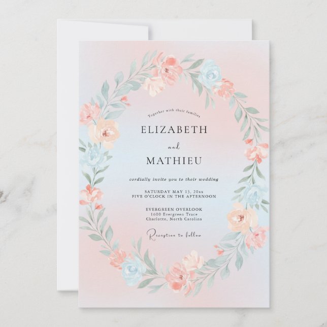 Pink Blue Dreamy Spring Wedding Invitation (Front)