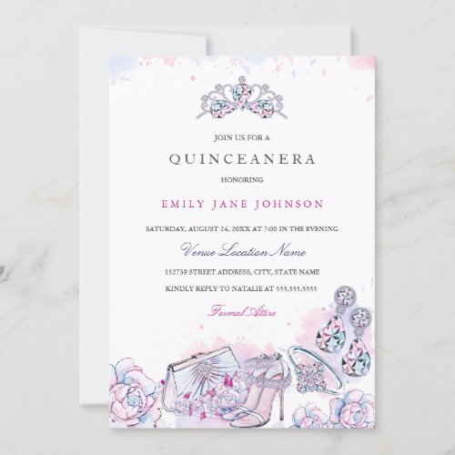 Pink Blue Elegant Crystal Quinceanera Invite