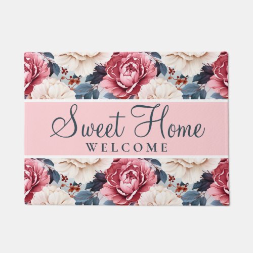 Pink Blue Elegant floral Pattern Blush Doormat