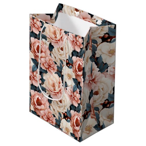 Pink Blue Elegant floral Pattern Blush Medium Gift Bag