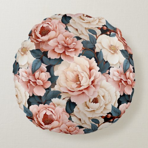 Pink Blue Elegant floral Pattern Blush Round Pillow