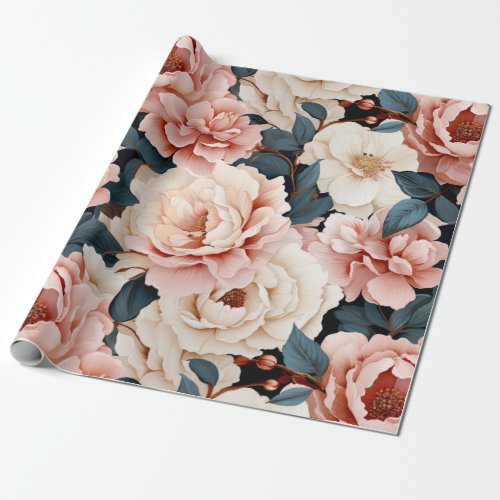 Pink Blue Elegant floral Pattern Blush Wrapping Paper