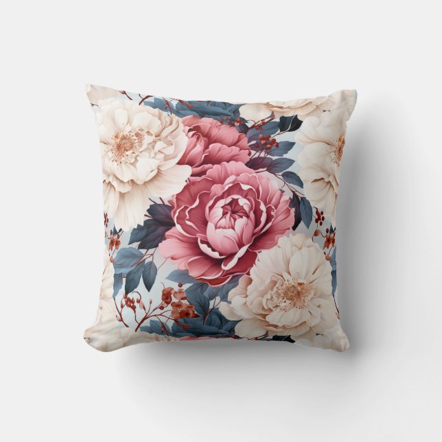 Pink Blue elegant floral roses pattern  Throw Pillow (Front)