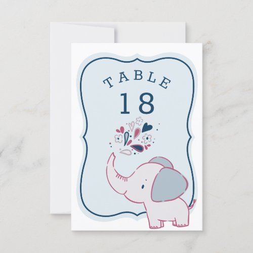 Pink  Blue Elephant Baby Shower Table Number Card