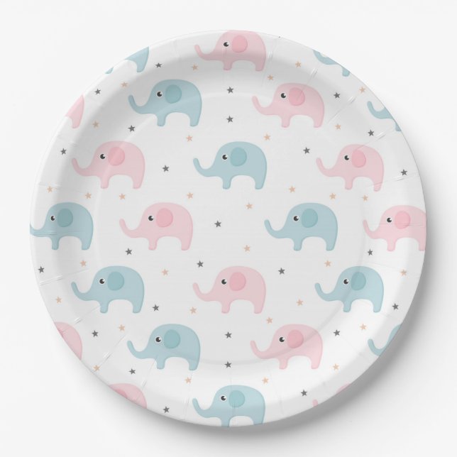 Pink Blue Elephants Baby Girl Boy Baby Shower Paper Plates (Front)