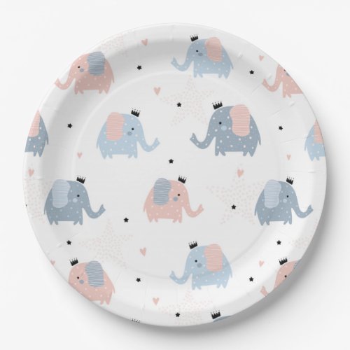 Pink Blue Elephants Crowns Girl Boy Baby Shower Paper Plates