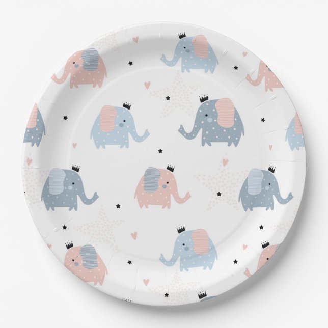 Pink Blue Elephants Crowns Girl Boy Baby Shower Paper Plates (Front)