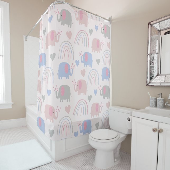 Pink Blue Elephants Rainbows Baby Child's Bathroom Shower Curtain (In Situ)