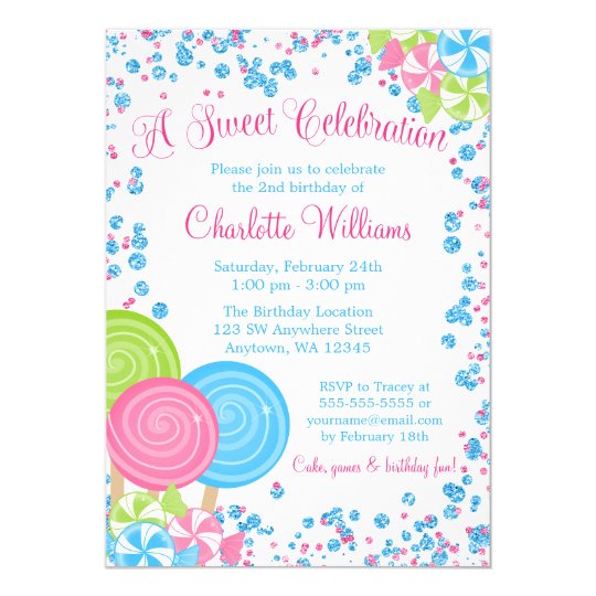 pink blue faux glitter candy birthday invitations zazzle com