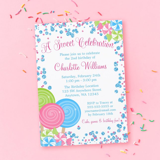 Pink Blue Faux Glitter Candy Birthday Invitations