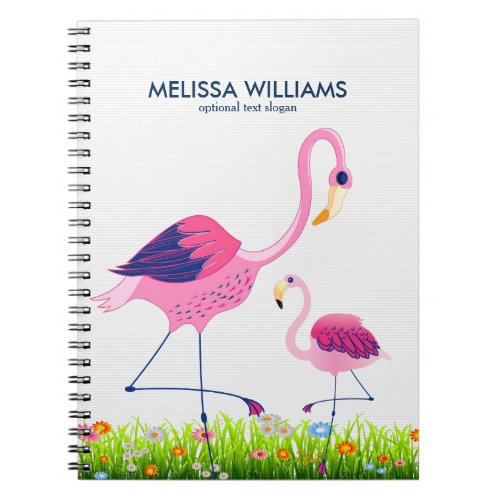 Pink  Blue Flamingos  Spring Flowers Notebook