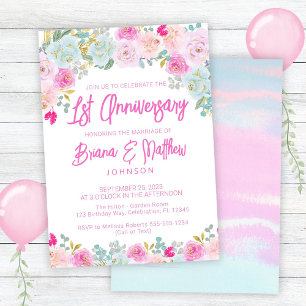Pink Blue Floral 1st Wedding Anniversary Invitation