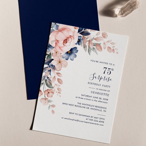 Pink Blue Floral 75th Birthday Party Invitation