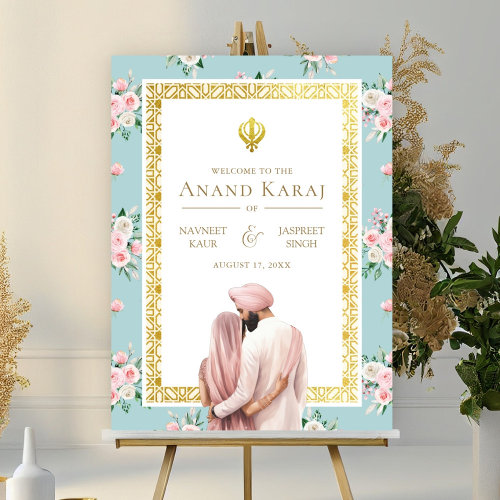 Pink Blue Floral Anand Karaj Wedding Welcome Sign