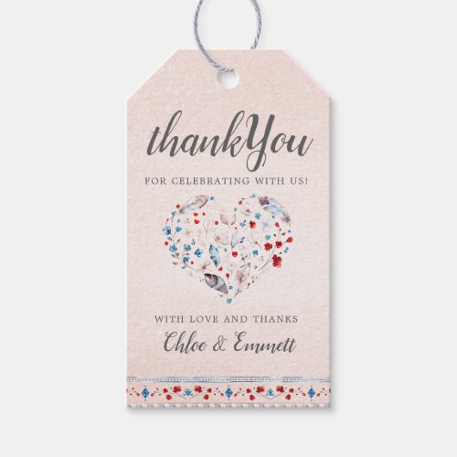 Pink Blue Floral and Feather Heart Wedding Gift Tags