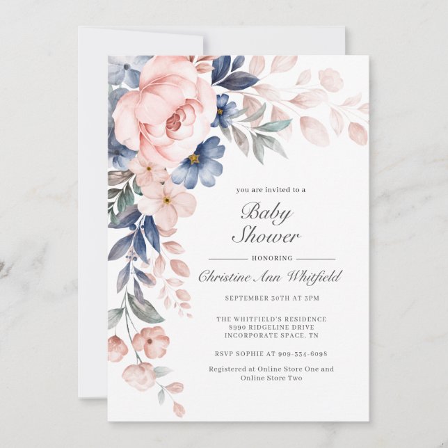 Pink Blue Floral Baby Shower Invitation (Front)