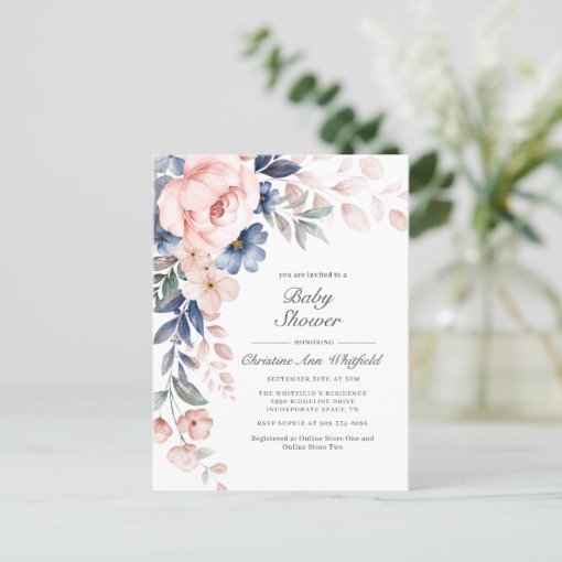 Pink Blue Floral Baby Shower Invitation Postcard 