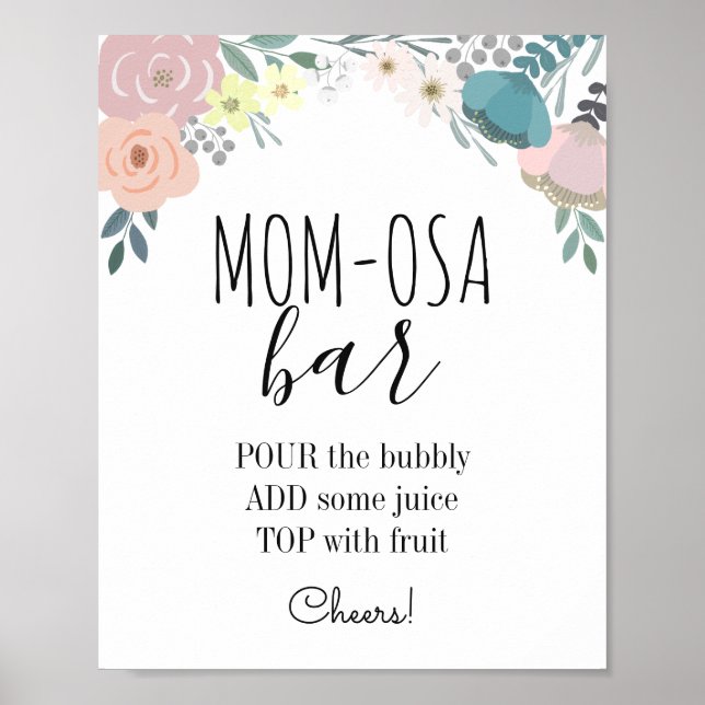 Pink & Blue Floral Baby Shower Mom-osa Bar Poster (Front)