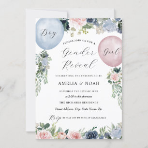 Pink Blue Floral Balloon Gender Reveal Invitation