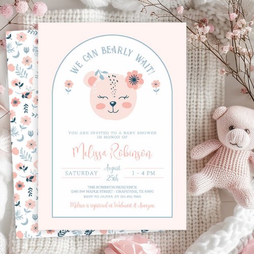 Pink Blue Floral Bear Girl Bearly Wait Baby Shower Invitation
