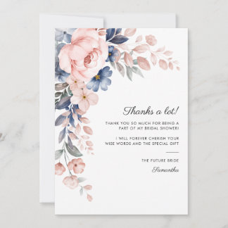 Pink Blue Floral Bloom Script Bridal Shower Thank You Card