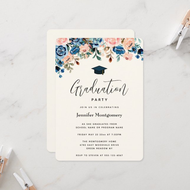 Pink & Blue Floral Border with Graduation Cap Invitation (Front/Back In Situ)